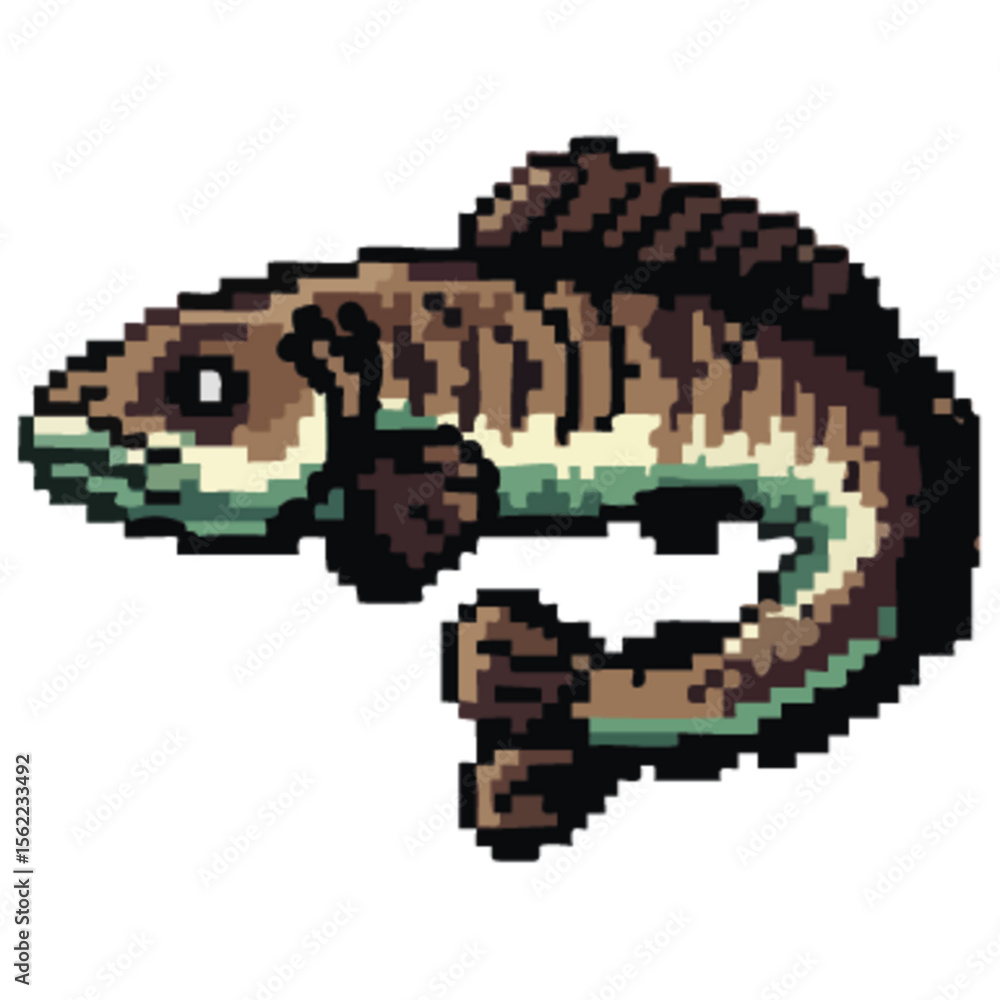 Obraz premium Pixelated illustration of a fish with brown and teal coloring, depicted in a retro, 8-bit style.