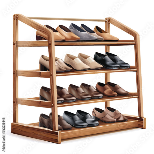 Wooden Shoe Rack Displaying Various Styles of Stylish Footwear in Rows