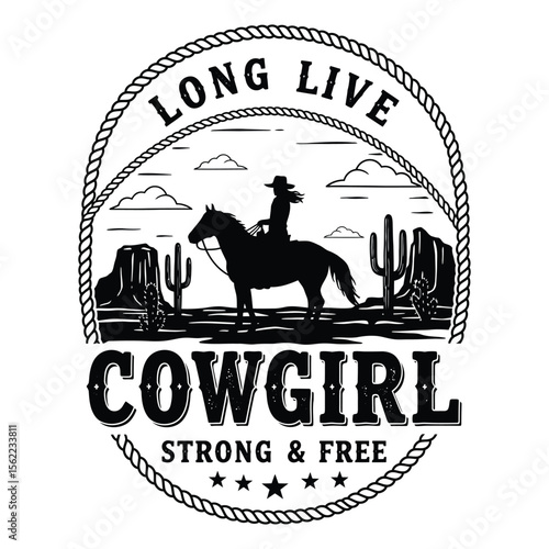 "Long Live Cowgirl Western Graphic – Vintage Rodeo Horseback Rider with Cactus and Lasso Design"

