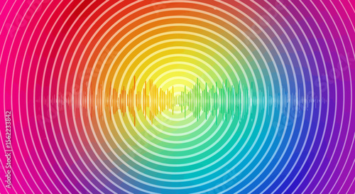 Rainbow concentric circles surround a colorful sound wave in the center