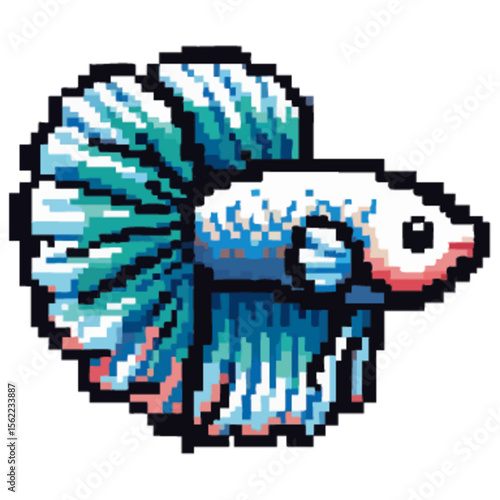 Pixelated illustration of a betta fish with turquoise and white coloring, shown against a white background.