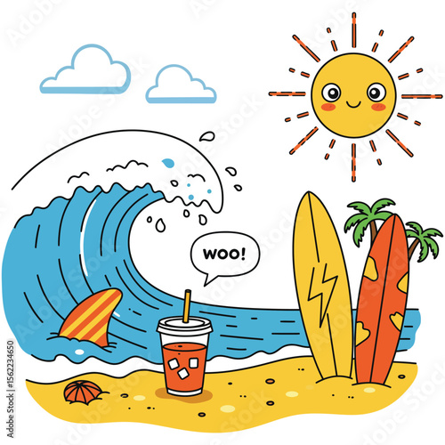 Photography "Cartoon Beach and Surfing Illustration – Cute Summer Scene with Waves, Surfboar