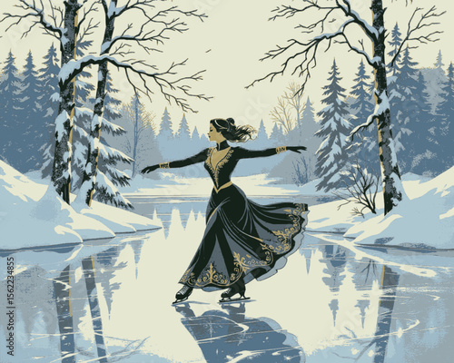 una bella bailarina patina sobre un lago helado en invierno
