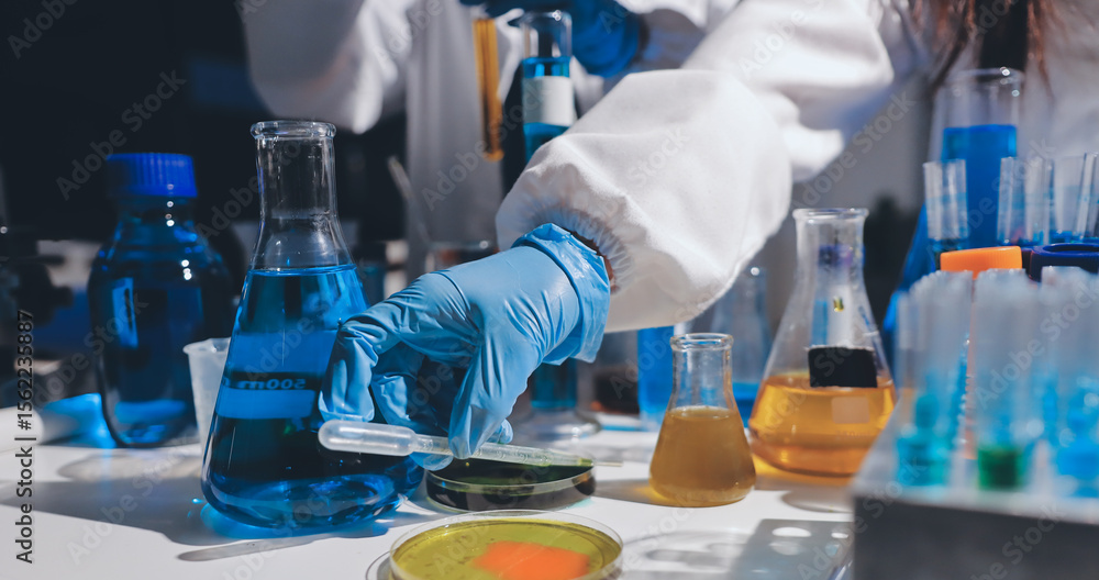 Fototapeta premium Scientist pipetting medical samples into microplate in laboratory