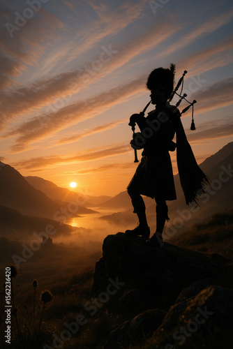 Highland Piper at Sunset Wearing Traditional Scottish Kilt Playing Bagpipes Amidst the Dramatic Highlands Landscape

