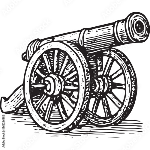 Vintage engraving of a Revolutionary War cannon, iconic military weapon, in classic style