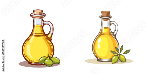 Olive oil bottles with olives, culinary ingredient concept