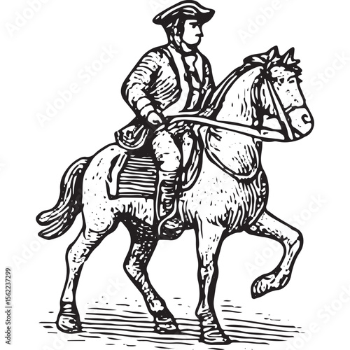 Vintage engraving of a Revolutionary War soldier on horseback, classic military history art