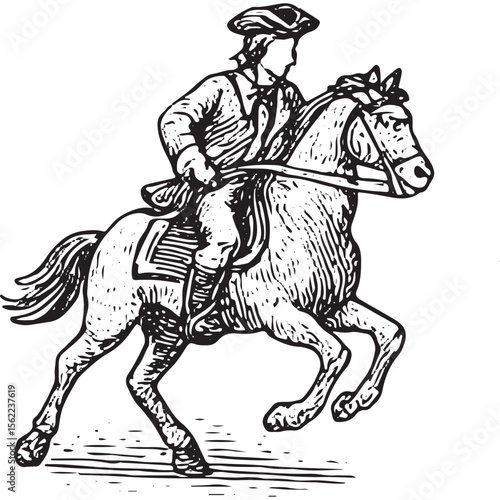 Vintage engraving of a Revolutionary War soldier on horseback, classic military history art