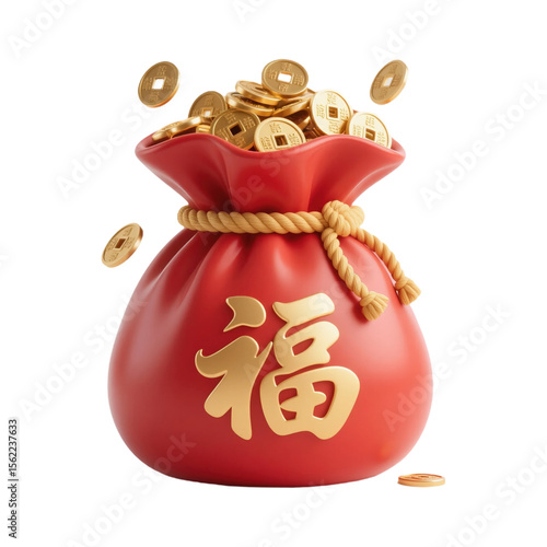 Red Bag Overflowing with Gold Coins and Chinese Character Fu