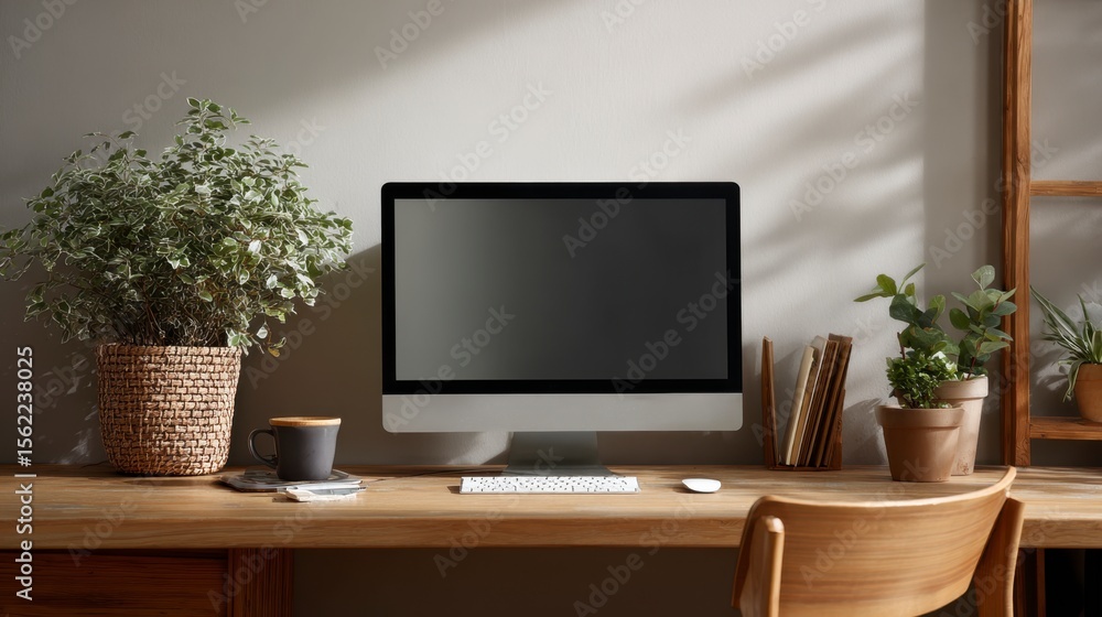 Obraz premium Computer with Plants on Wooden Desk