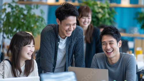 Happy Young Team Collaborating in Modern Office. Generative AI