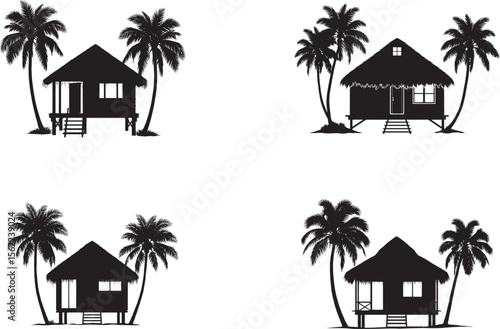 Tropical beach bungalow hut with palm trees silhouette collection