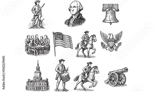 Vintage American Revolution icons featuring soldiers, flag, Liberty Bell, and historic landmarks in classic engraving style