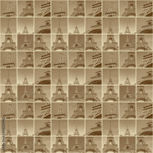 seamless pattern: square tiles with photos of Eiffel Tower in Paris colored in sepia against white background