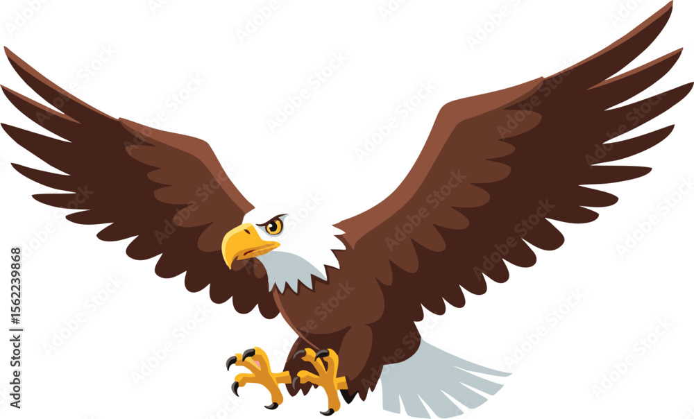 Obraz premium Cartoon Bald Eagle with Brown Wings and Sharp Yellow Talons in Flight