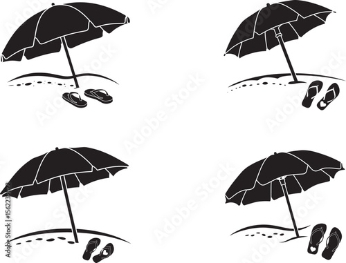 Four black silhouette icons of beach umbrellas and flip flops on sand