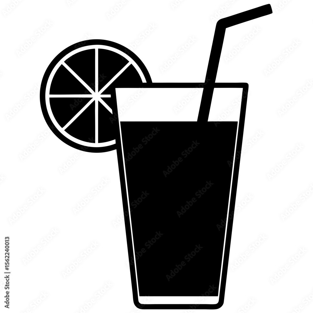 Glass of juice with straw and orange slice silhouette vector illustration Glass of juice with straw and orange slice silhouette vector illustration
