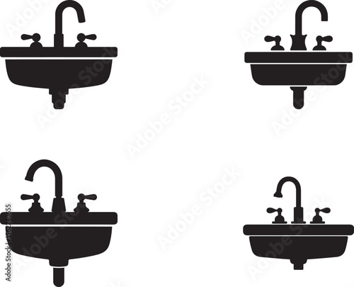 Four Solid Black Bathroom Sink Icons with Faucets
