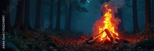 Eerie Autumn Night Crackling Bonfire Illuminates Shadowy Forest, Whispering Untold Secrets