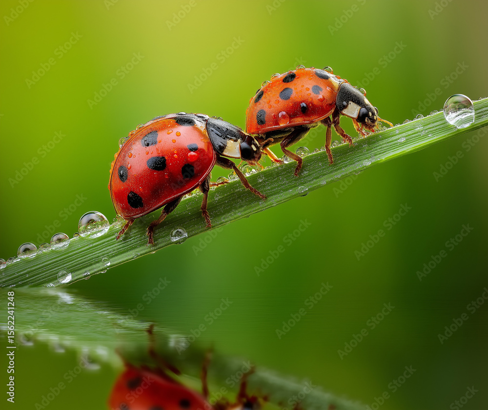 Obraz premium A photo of two ladybugs on the edge of water droplets, with green grass in the background, ladybug, insect,