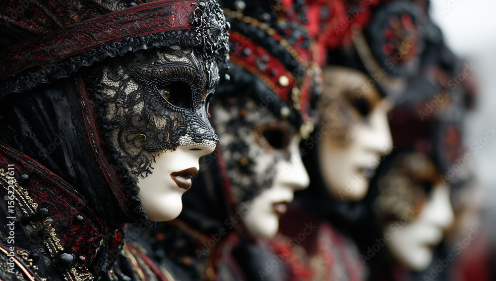 Photo of a line of masked figures in venetian attire at a carnival celebration Photo of a line of masked figures in venetian attire at a carnival celebration