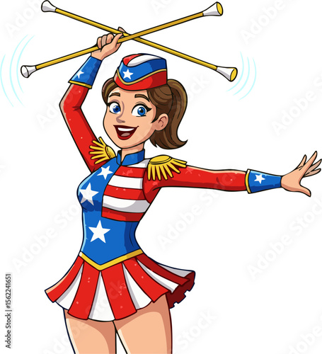 Cartoon Majorette Twirling Batons in Patriotic Costume with Stars and Stripes