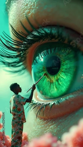 A young paints a vibrant world onto the canvas of a giant emerald eye.