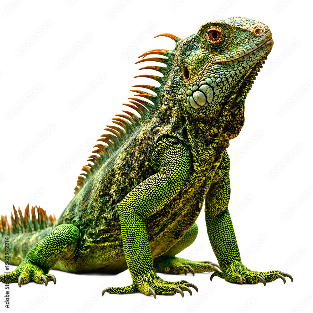 Fototapeta premium Detail rich close up of a vibrant green iguana with textured scales spiny crest and intense orange eyes showcasing reptilian resilience