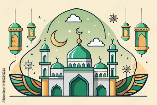 Islamic mosque with crescent moon and lanterns Ramadan