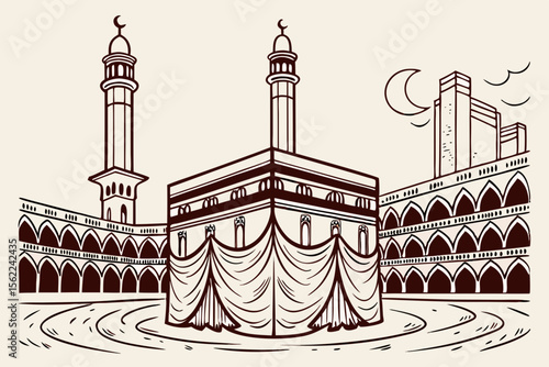 Kaaba and minarets with crescent moon mecca islam