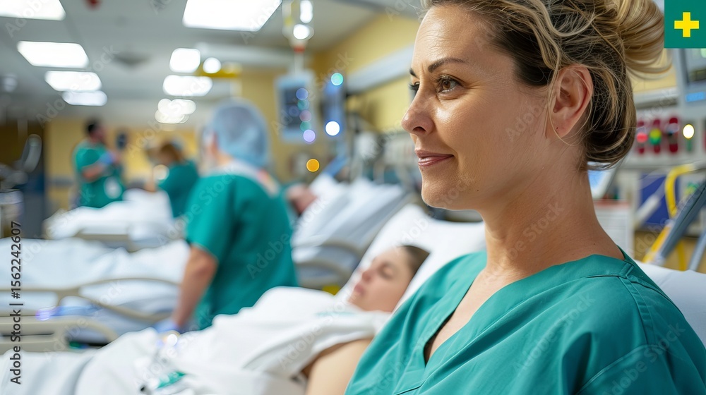 Obraz premium A focused Caucasian woman in scrubs observes patients in a busy hospital setting, embodying care and compassion.