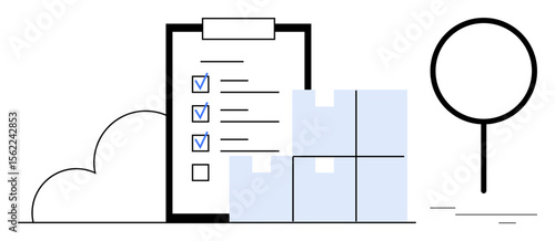 Clipboard with checklist, stacked boxes, digital cloud, and magnifier. Ideal for logistics, organization, supply chain, planning e-commerce delivery and digital storage concepts. Simple flat