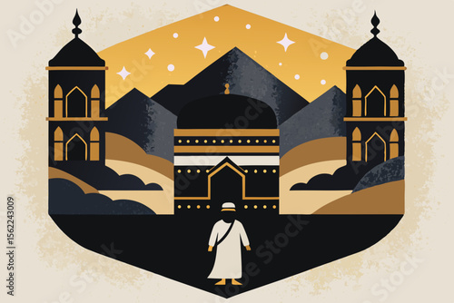 Islamic pilgrimage scene with Kaaba and minarets mosque