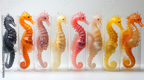 A diverse array of resurrected seahorse species, each with unique shapes and vibrant colors, displayed in individual clear containers against a clean white background, illuminated by professional 