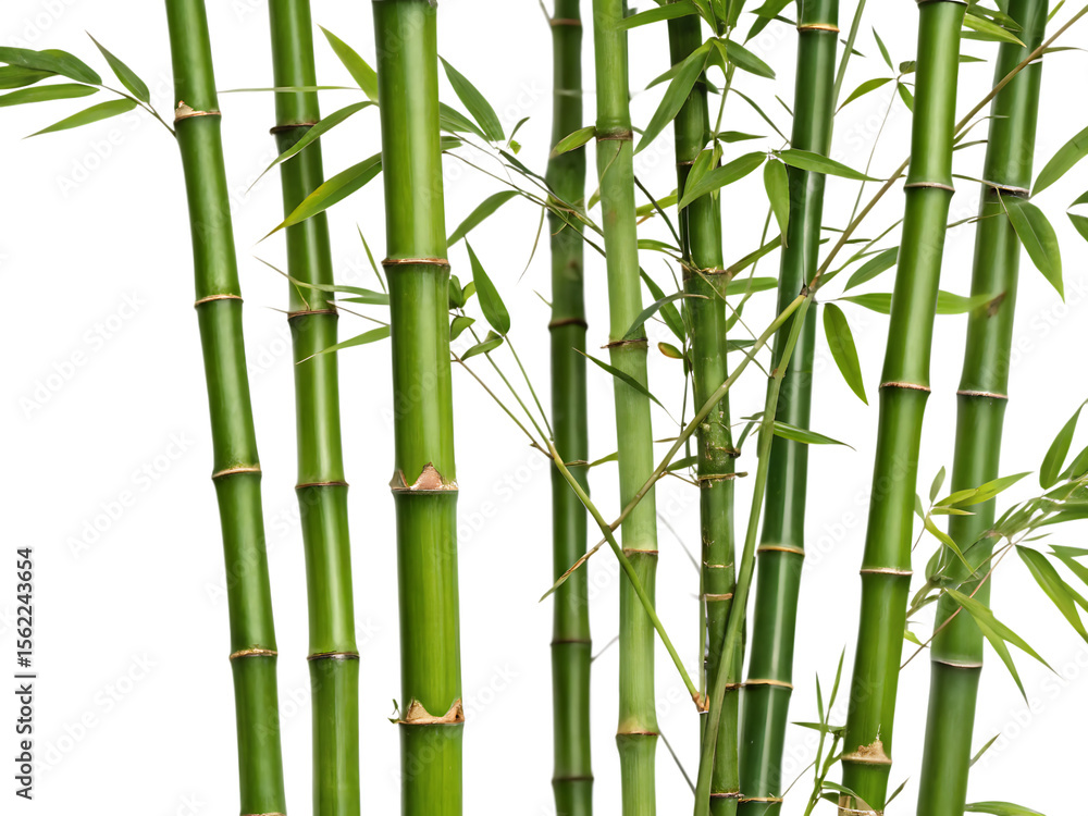Obraz premium Group of vibrant green bamboo stalks with delicate leaves isolated on a transparent background plant