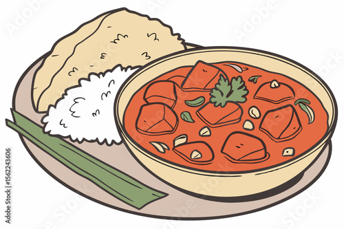 Chicken curry with rice and flatbread murgh makhani naan
