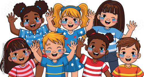 Cheerful Diverse Children with American Flag Face Paint Waving Hands