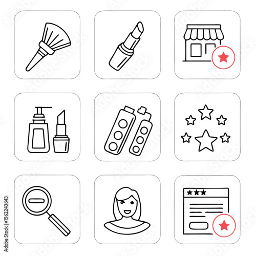 Collection of simple line art icons representing beauty products online shopping customer reviews and user profiles for digital design and marketing purposes