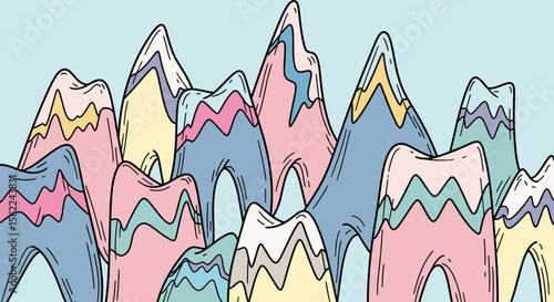 Pastel Colorful Cartoon Mountain Landscape Illustration