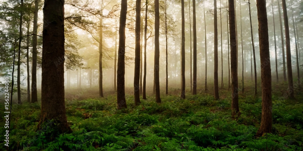 Fototapeta premium Sunlight streams through a misty forest, illuminating tall trees and a carpet of vibrant green ferns