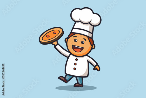 Cheerful chef tossing pizza cooking food