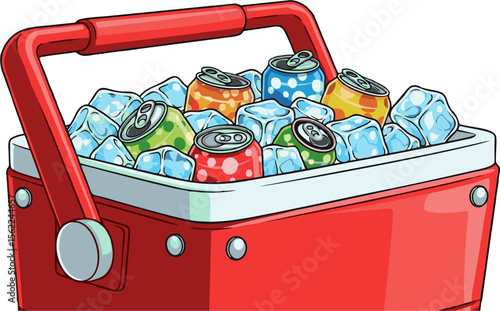 Colorful Soda Cans and Ice in a Red Cooler