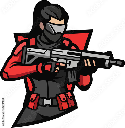 Female Tactical Shooter Holding Rifle – Esports Character Mascot Vector