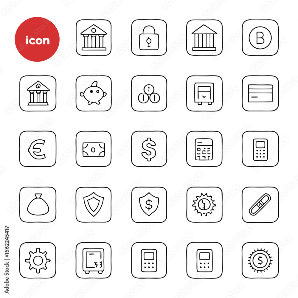 Collection of hand drawn financial and banking icons in a grid layout featuring currency symbols security and financial services for digital use and design projects Collection of hand drawn financial and banking icons in a grid layout featuring currency symbols security and financial services for digital use and design projects