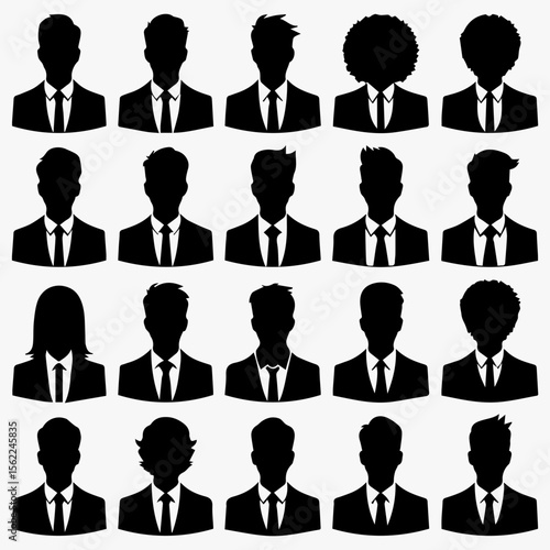 Silhouetted portraits of diverse individuals in business attire, various hairstyles.