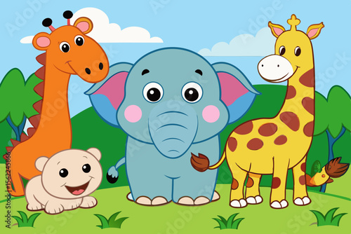 Cute cartoon animals in a grassy landscape elephant giraffes