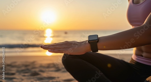 Person in meditation pose at beach sunset