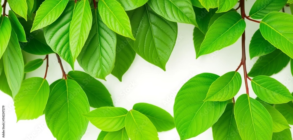 Naklejka premium Vibrant green leaves, isolated on white, showcasing fresh foliage texture, spring, green
