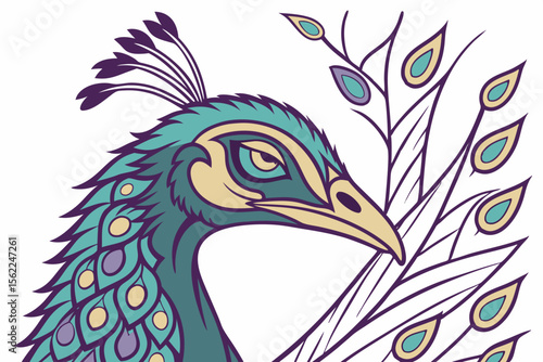 Elegant peacock head with ornate feathers bird
